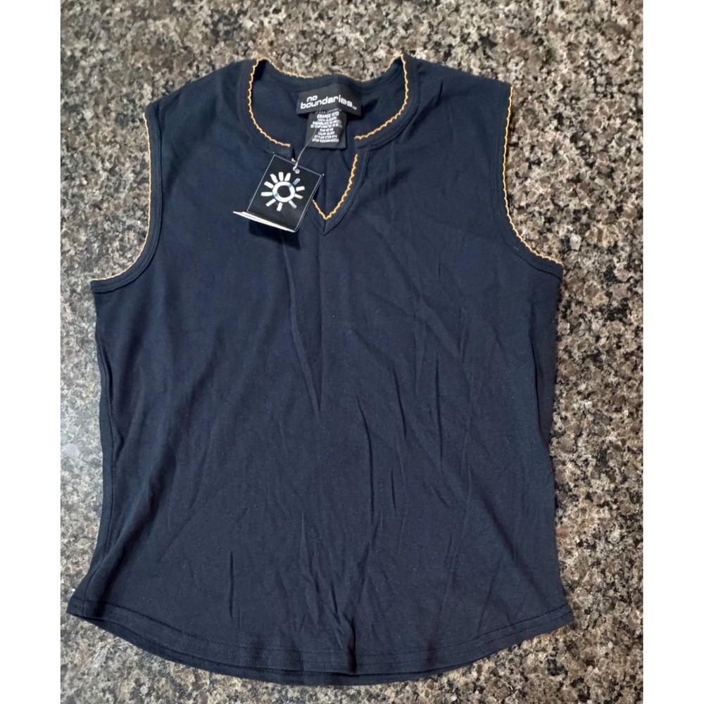 No Boundaries‎ Black Sleeveless Split Neck Top Yellow Trim Uptown Girl NWT 11/13